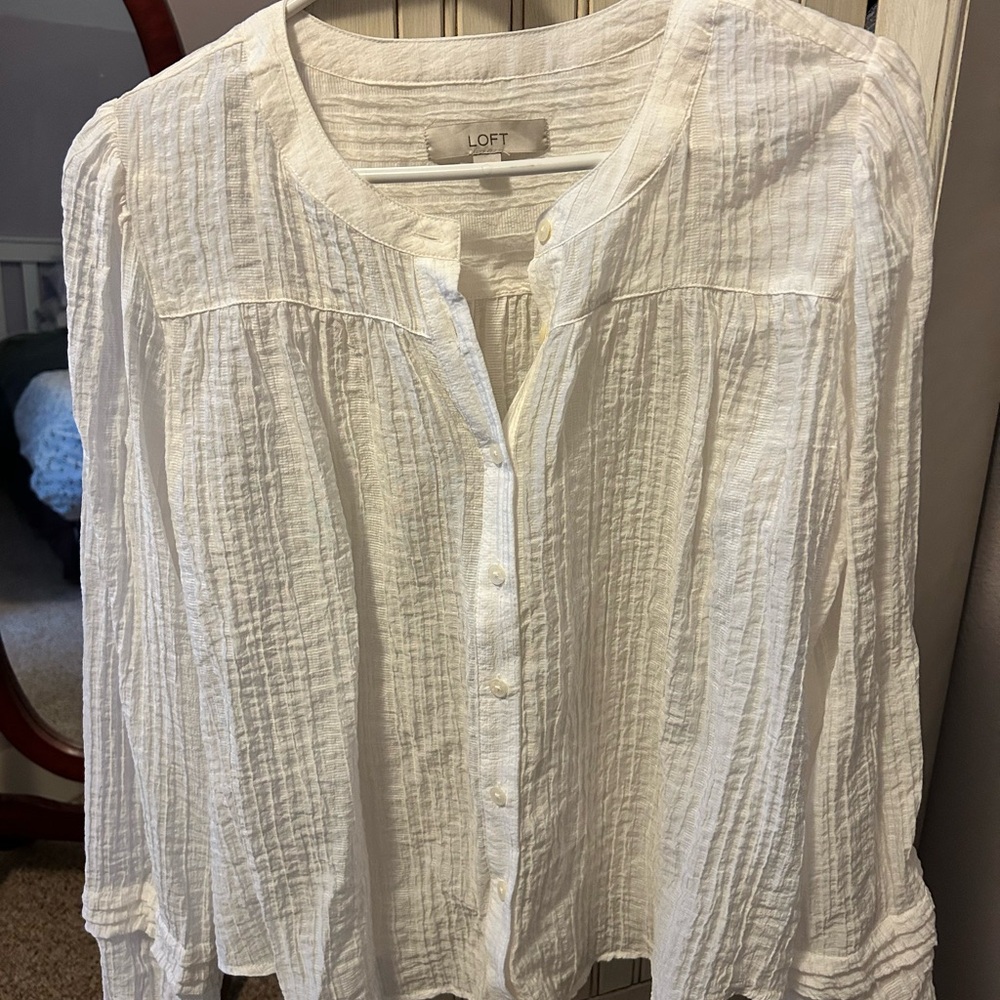 LOFT Ivory Textured Button-Front Gauze Blouse